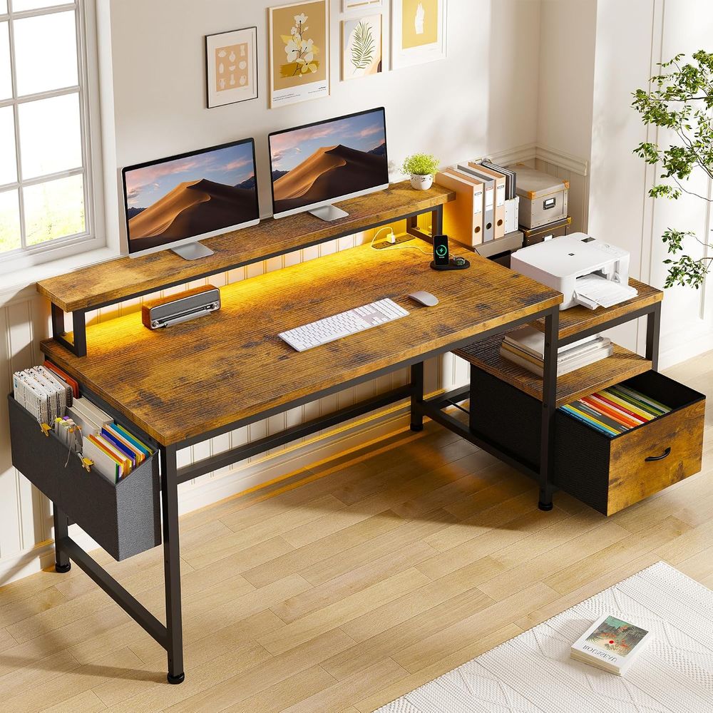Woodworking Or Woodworking - 56.5インチのオフィスデスク、デスクトップとプリンター用スペース付き、または在宅勤務用、ブラウン | コンピューターデスク、3つのACコンセントと2つのUSBポート付き、40インチ×7インチの大型モニター対応