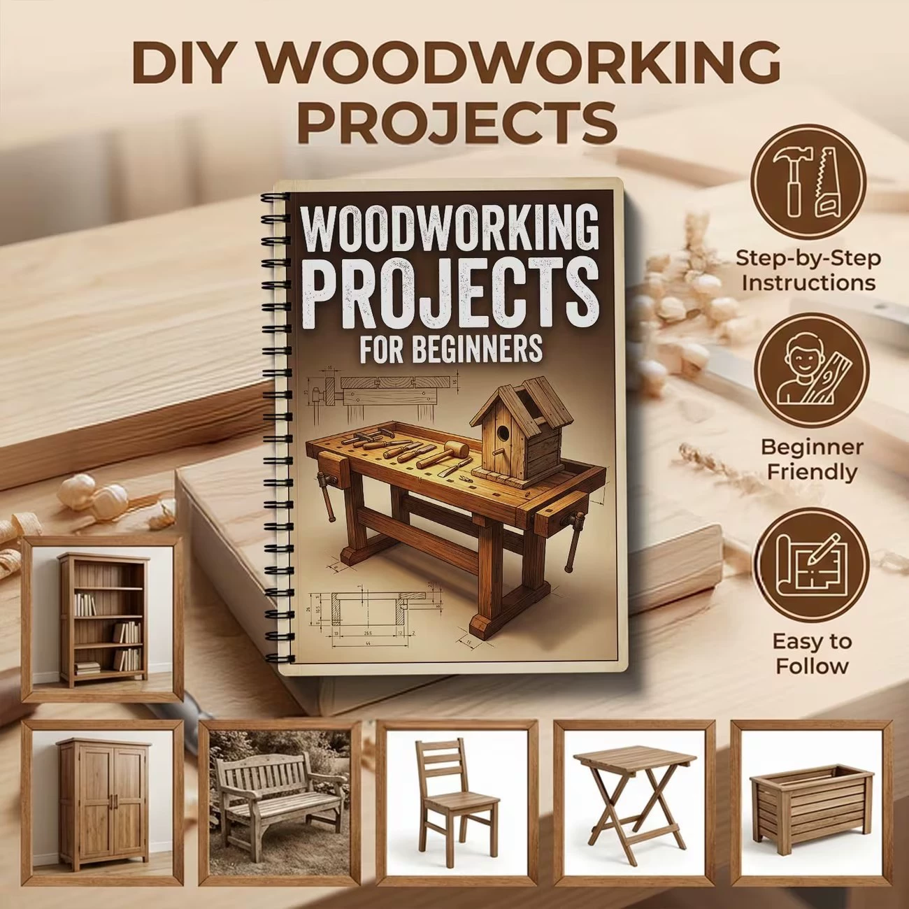 Woodworking Ebook - 初心者のための木工プロジェクトブック シンプルで実践的なプロジェクト、基本的な道具のステップバイステップガイドと説明書付き