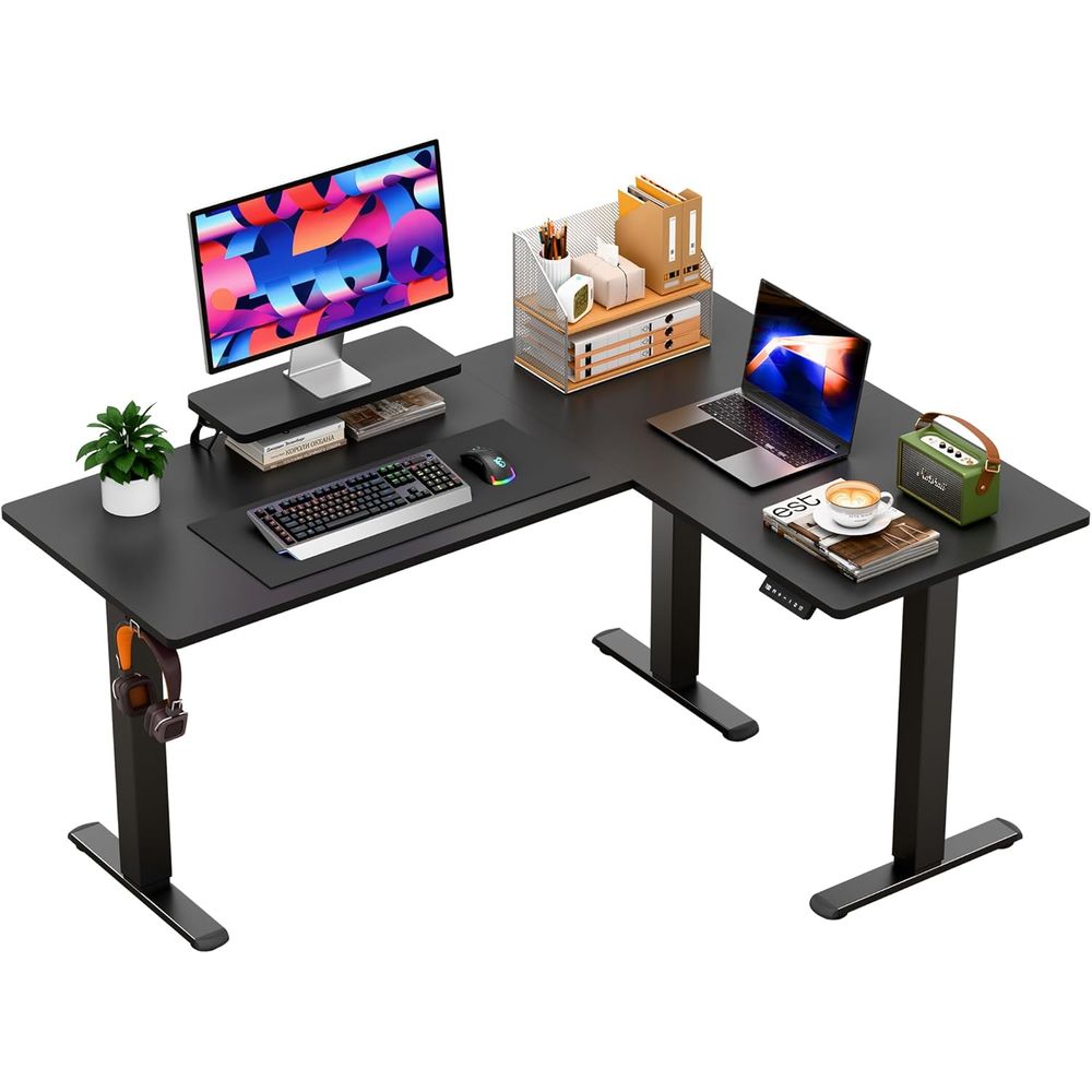 Woodworking Or Woodworking - 電動高さ調節可能なL字型デスク、63 x 47、デュアル高さ設定、ホームオフィスや立ち作業に最適（ブラック）