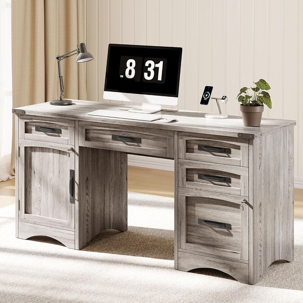 55 モダンなオフィスデスク、引き出し、充電ステーション、ロ - Woodworking Or Woodworking のレビューと価格