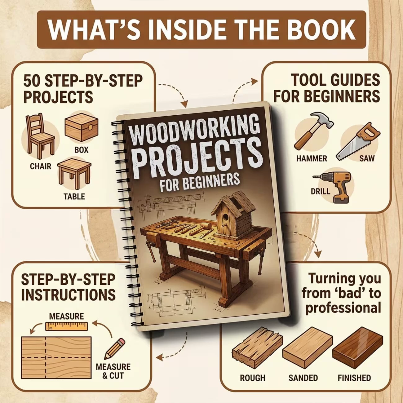 初心者のための木工プロジェクトブック シンプルで実践的なプロ - Woodworking Ebook のレビューと価格
